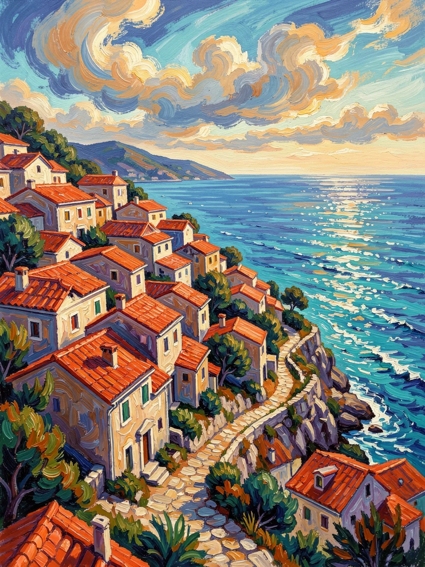 A hillside town in Croatia with red-tiled roofs overlooking the sparkling Adriatic Sea.