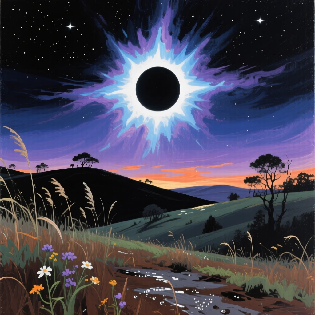 A dramatic sky filled with the shifting colors of a total solar eclipse shows the corona blazing around a black sun over a darkened landscape, as a light breeze stirs the surrounding vegetation and carries the scent of damp earth.