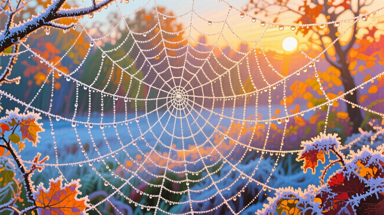 A frost-covered spiderweb glistening with dew in the first light of an autumn morning
