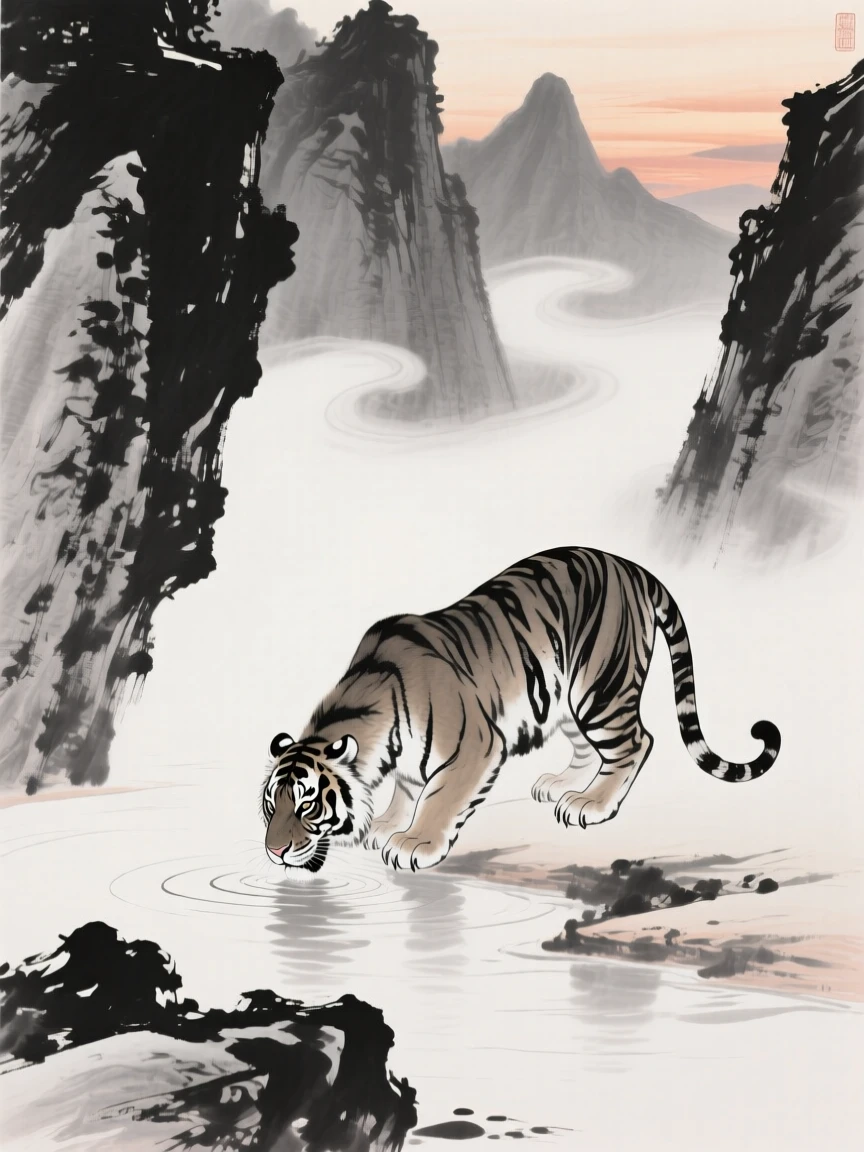 A tiger drinks from a quiet mountain pool at dusk, as mist curls low around the surrounding cliffs.