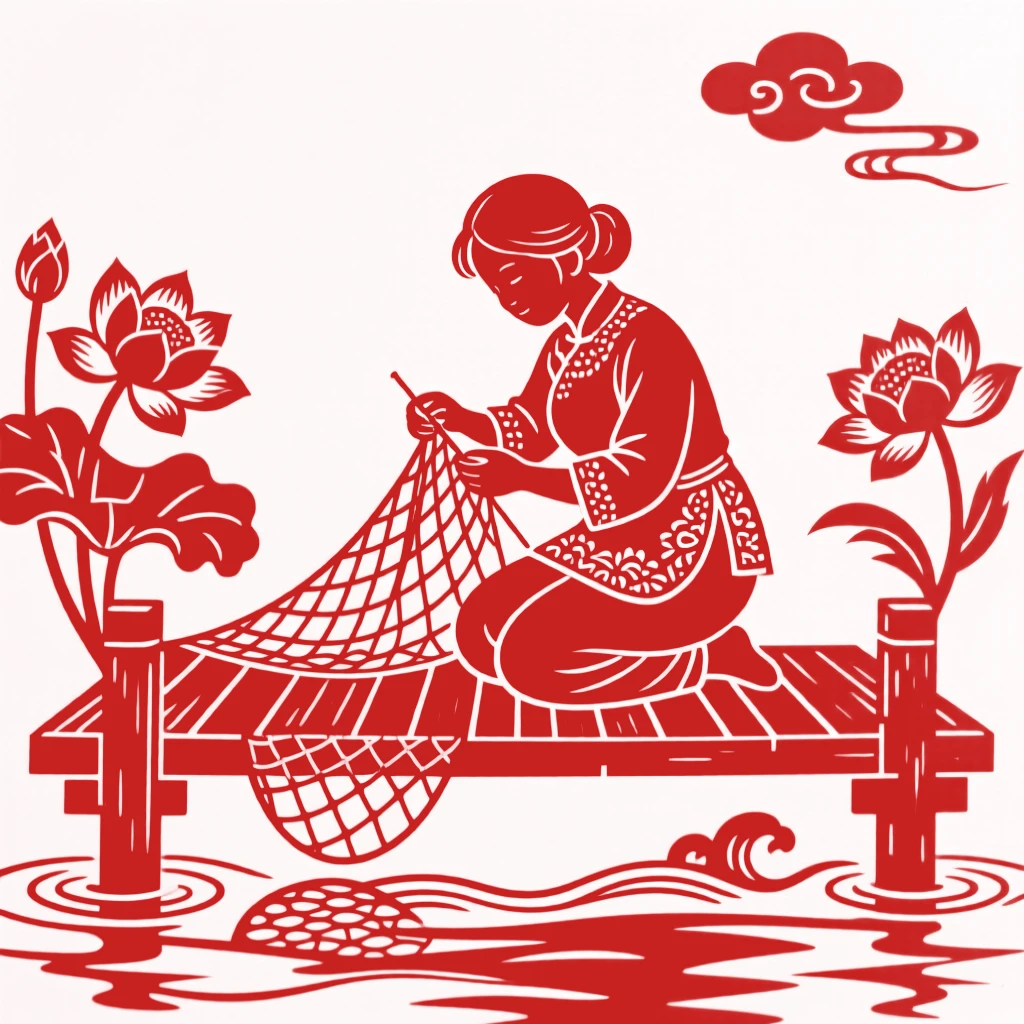 A young mother, mending a fishing net on a wooden dock, in capturing an ordinary moment made meaningful by togetherness.