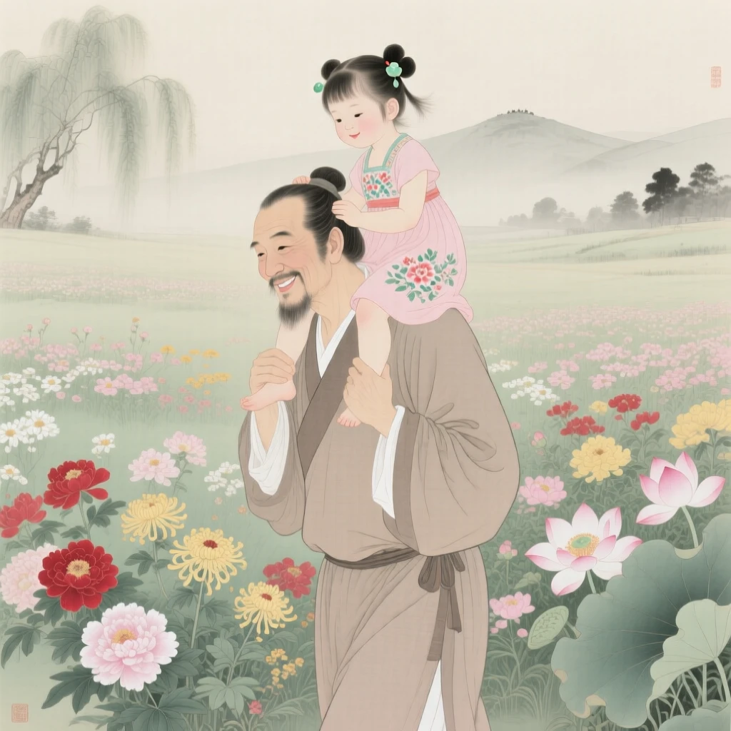 A father carrying his daughter on his shoulders through a field of flowers