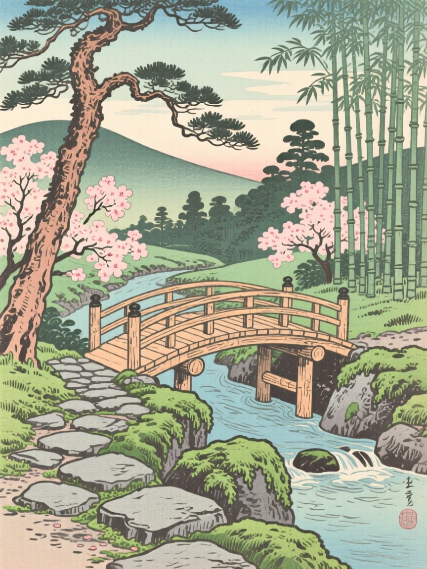 A moss-covered stone path, crossed by a simple wooden footbridge.