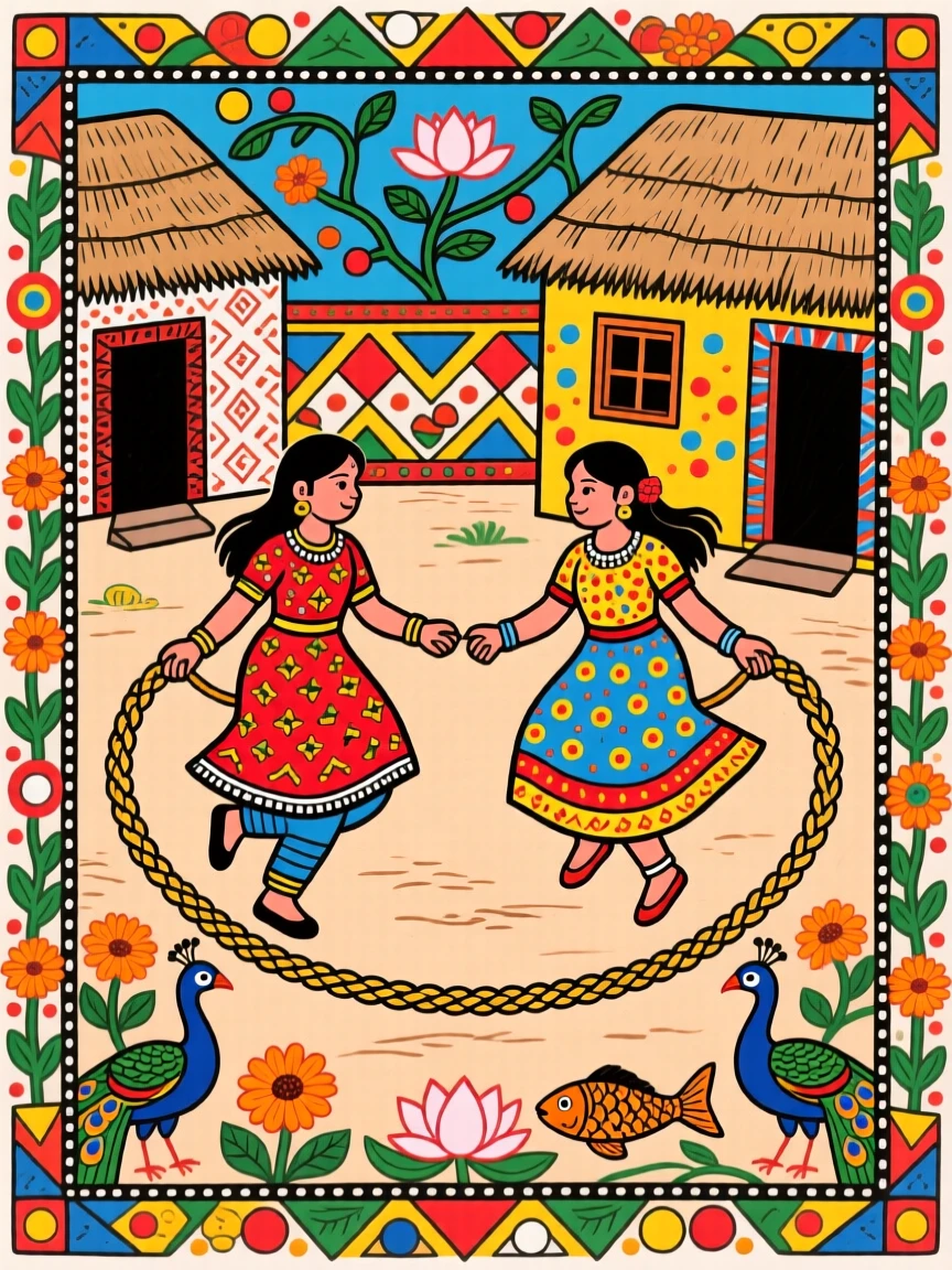 Girls skipping rope together in a village courtyard.