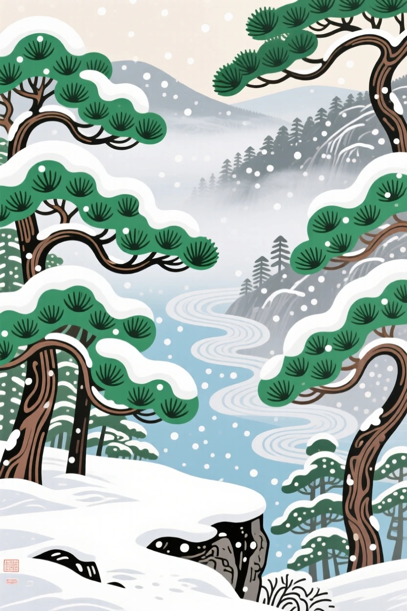 A pine forest blanketed in fresh snow seen from a quiet overlook, as fog drifts through the valley.