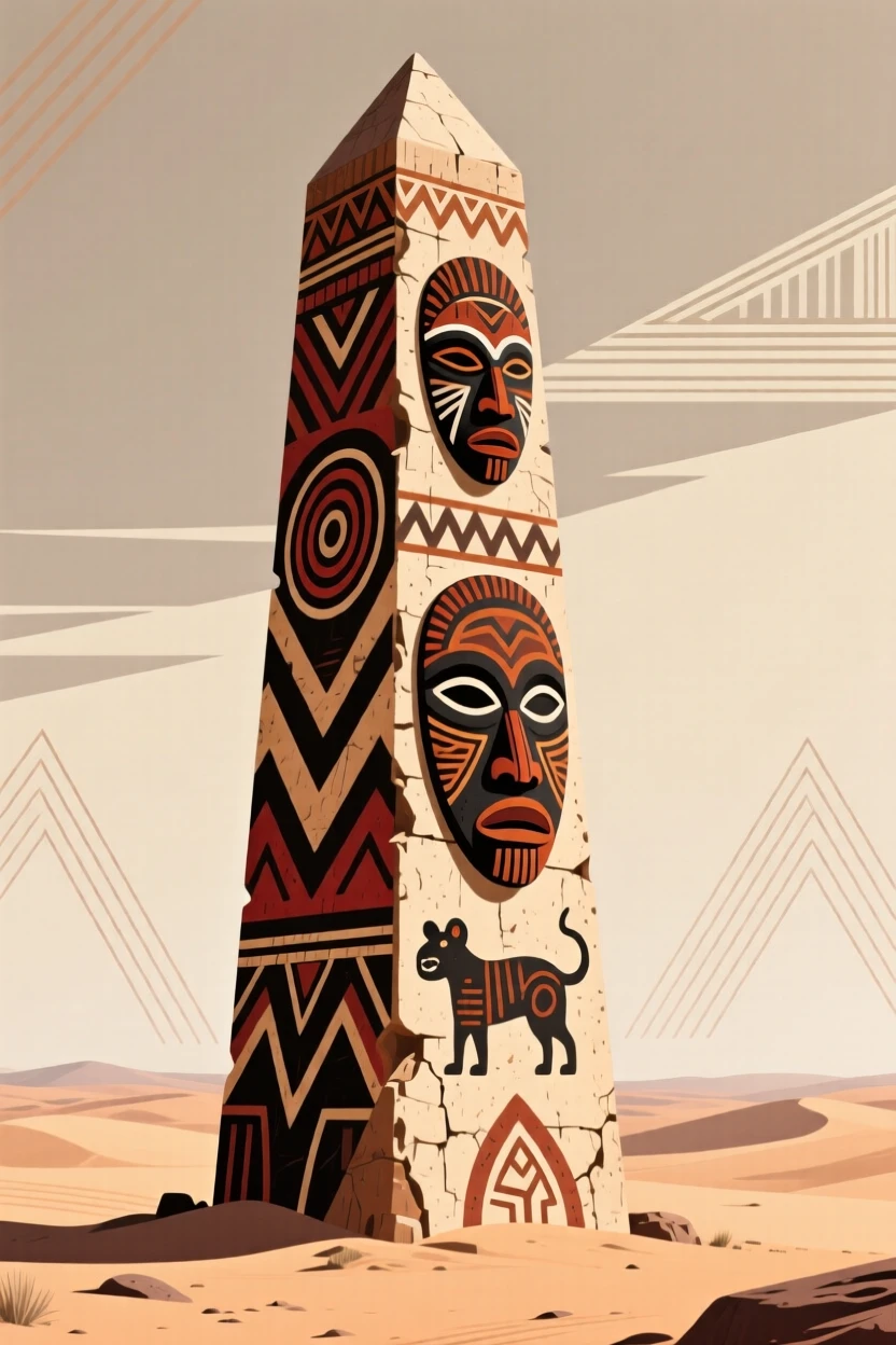 A towering ancient obelisk standing alone in the desert.