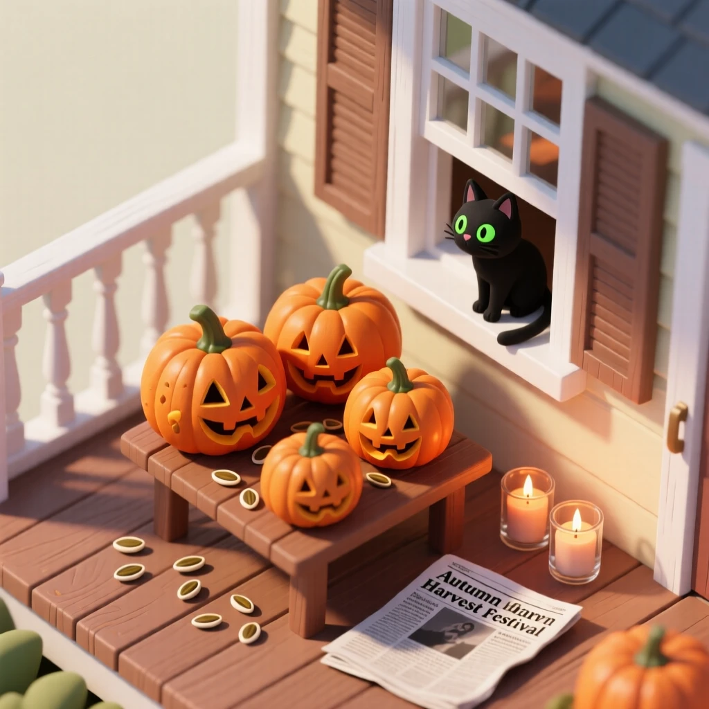 A family pumpkin carving scene on a porch, seeds scattered on newspaper, candles ready for lighting, and a black cat watching from a windowsill.