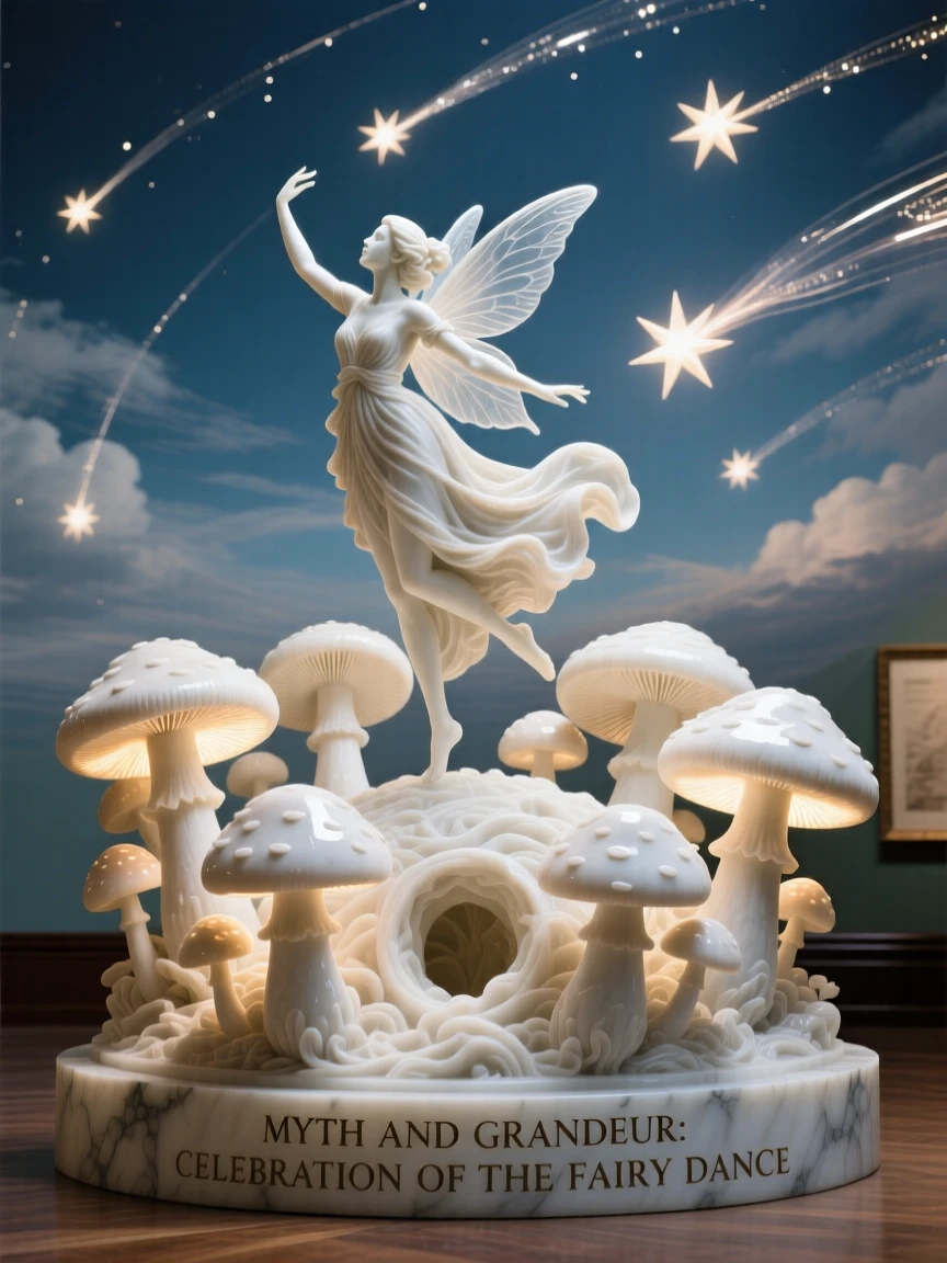 An epic scene of a fairy dancing on a glowing mushroom ring, under a sky filled with shooting stars, evoking myth and grandeur