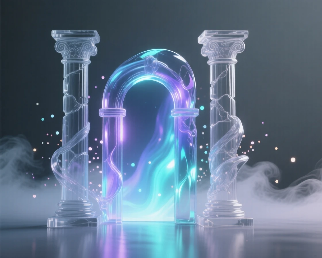 A magical portal glowing between two ancient stone pillars surrounded by softly glowing particles and gentle mist, wide cinematic composition, radiating magic and serenity.