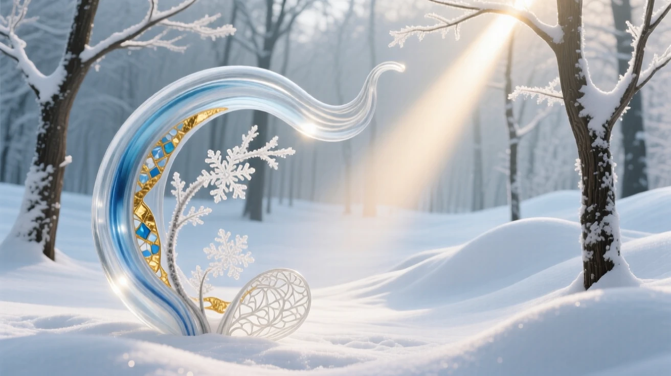A quiet snow-laden forest clearing lit by a single beam of winter sunlight, serene and pure.