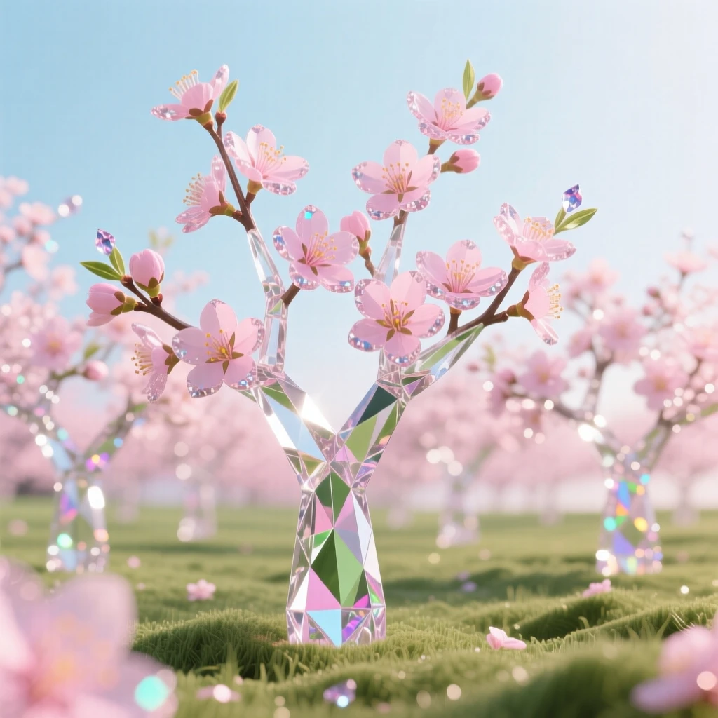 A field of blooming almond trees in soft pink against a clear spring sky.