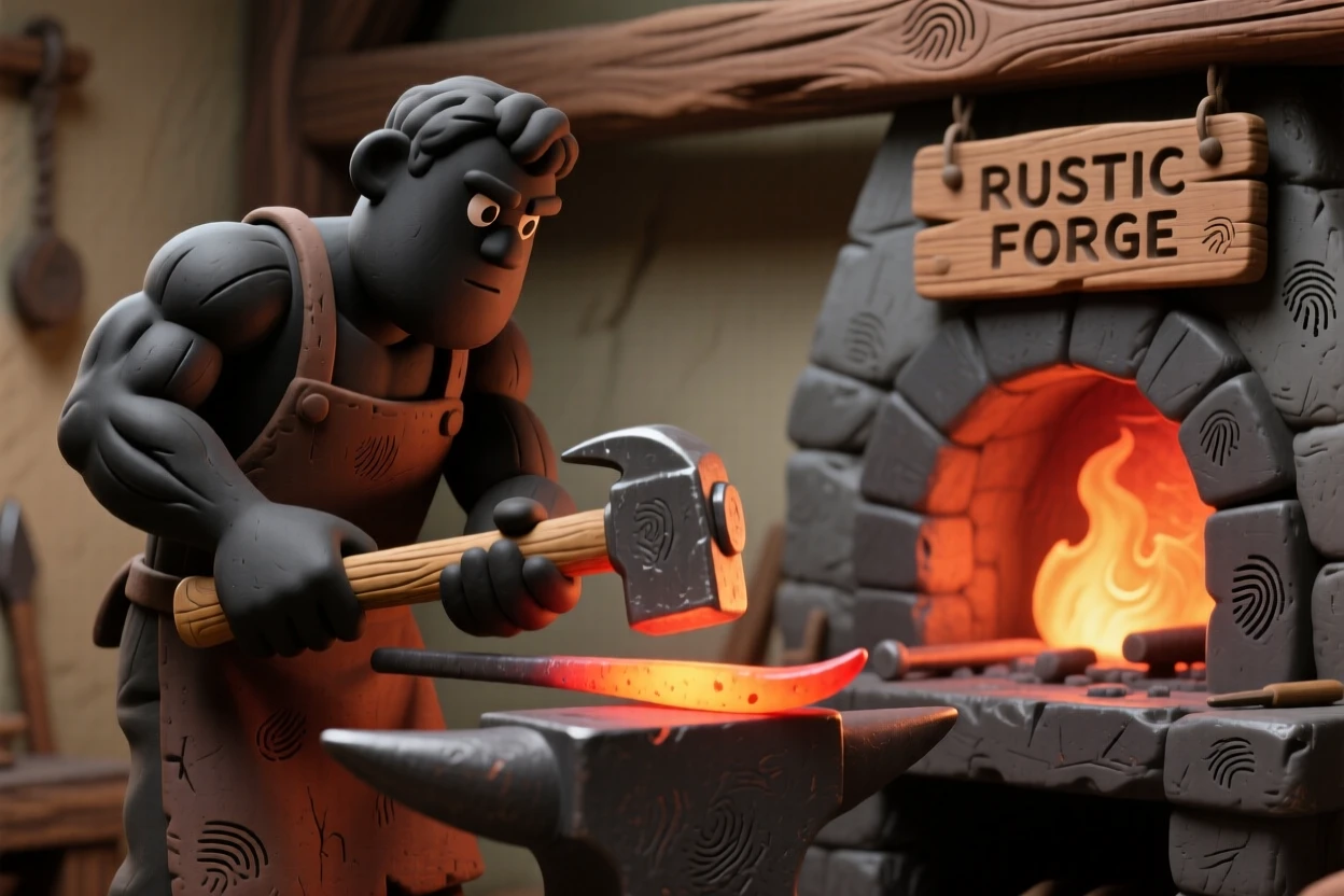 A blacksmith hammering glowing metal in a rustic forge