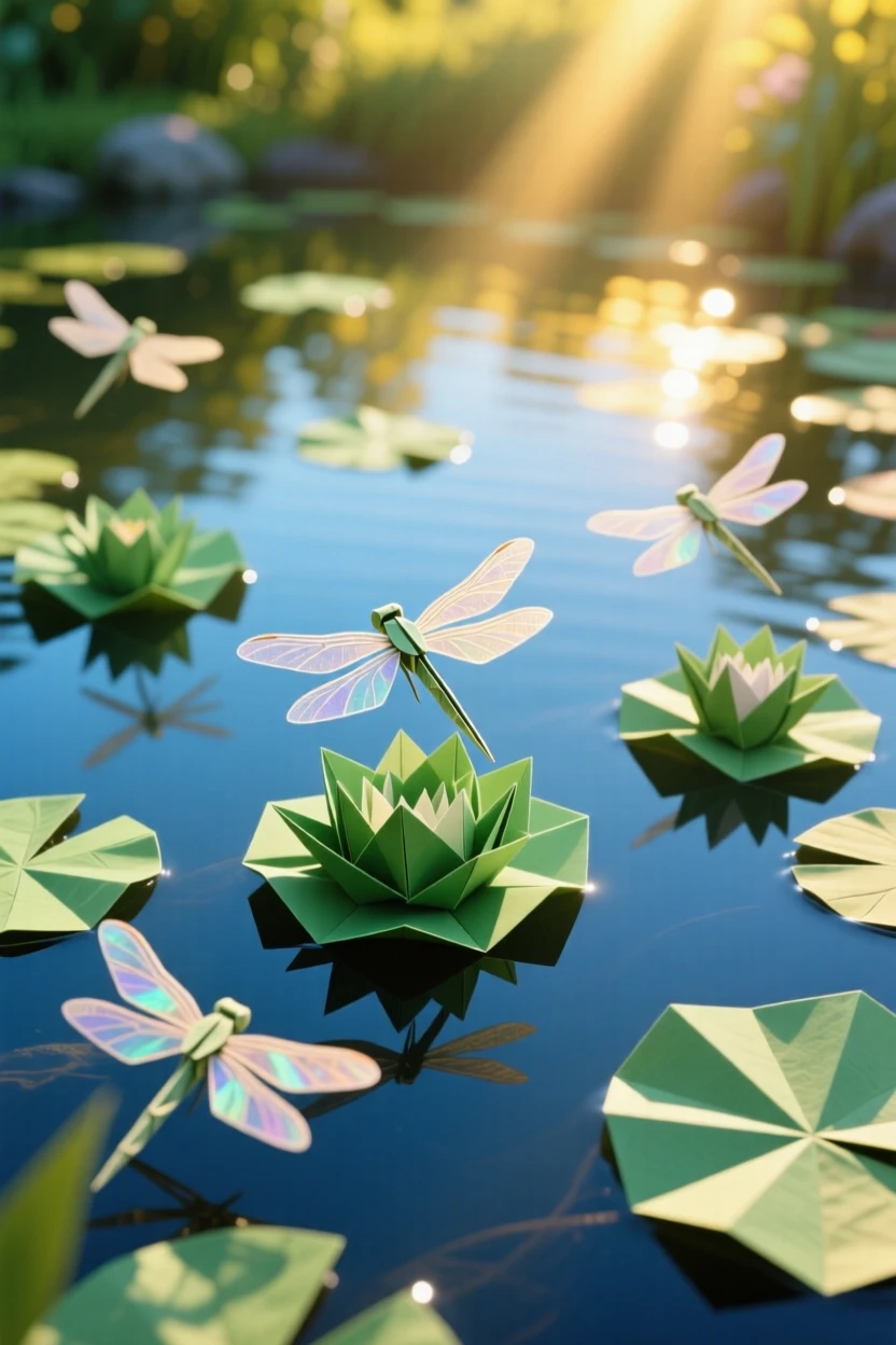 A quiet garden pond with dragonflies hovering above lily pads in late summer light.