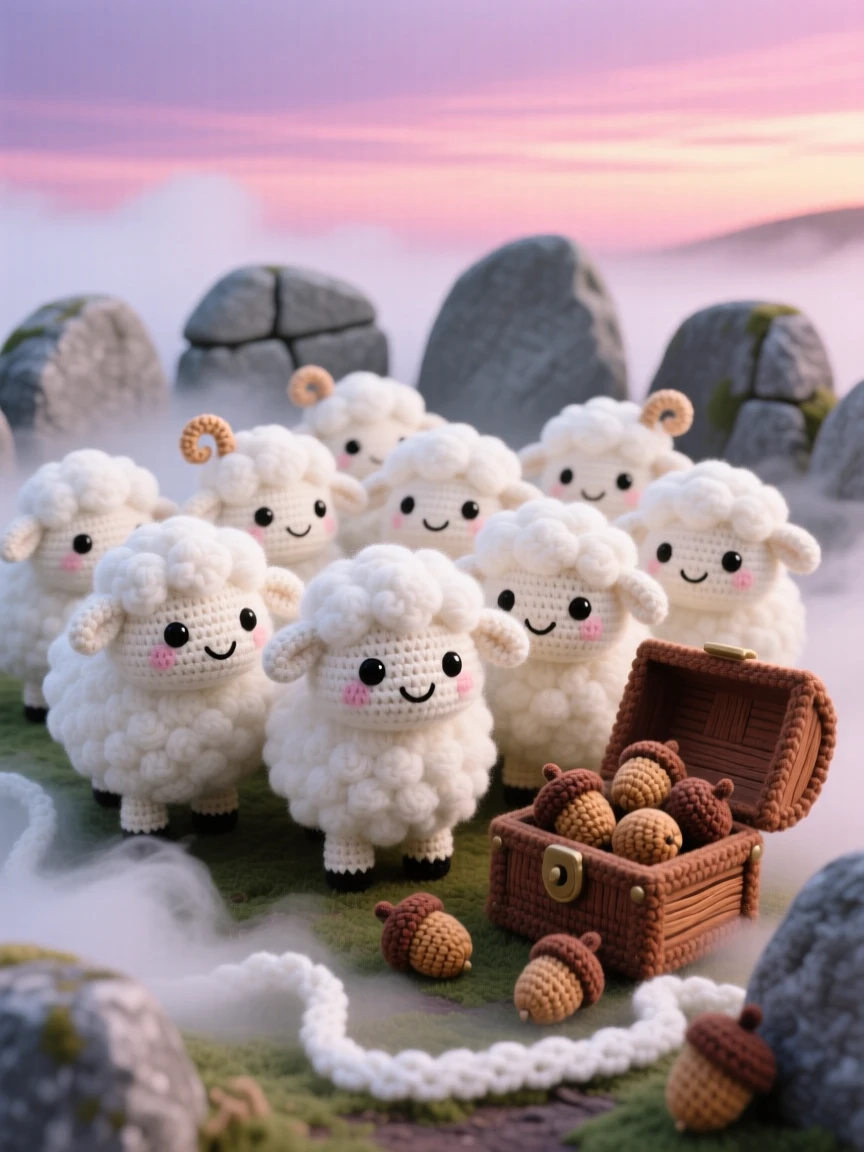 a round baby cloud sheep flock, huddled together softly, drifting slowly across a pink sunset sky, within an ancient stone circle wrapped in soft fog, near a small wooden chest overflowing with acorns, radiating a cozy, storybook enchantment.