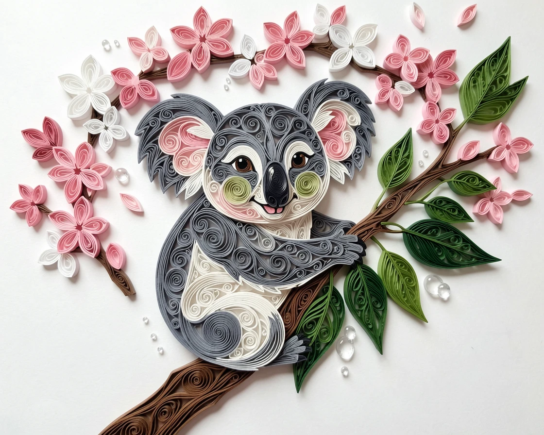 a plump koala hugging a eucalyptus branch, beneath a canopy of cherry blossom petals, with a shallow sense of depth drawing focus to the eyes, with soft dewdrops glistening on nearby leaves.