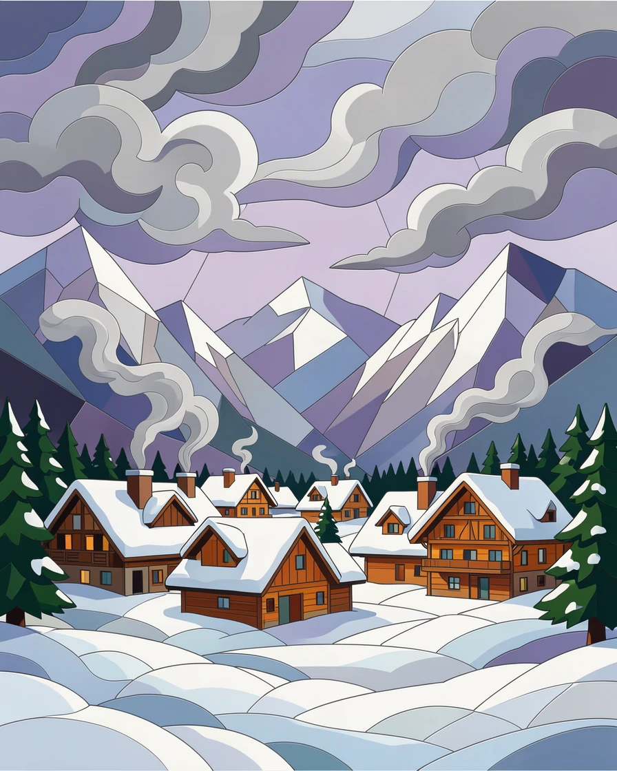 A wide panoramic view of a snowy mountain village with smoke rising from cozy chimneys, with dramatic clouds and rich natural color.