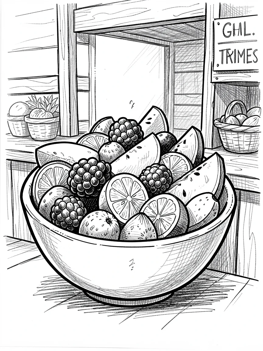 A bowl of rainbow fruit salad arranged on a market stall.