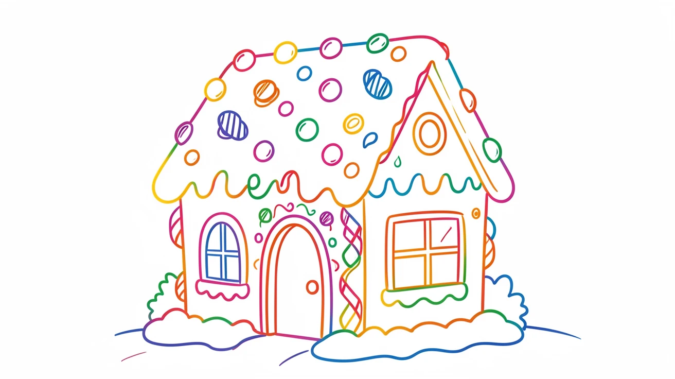A festive gingerbread house decorated with candy and icing snow.
