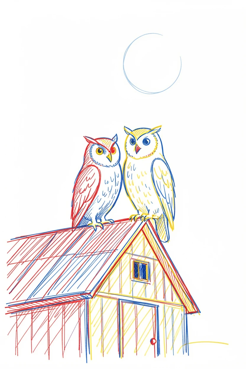 A pair of owls perched together on a moonlit barn roof