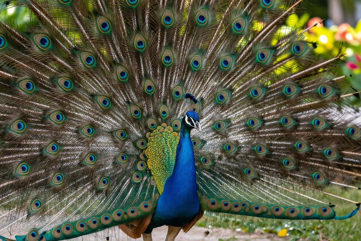 A peacock displaying its iridescent tail feathers