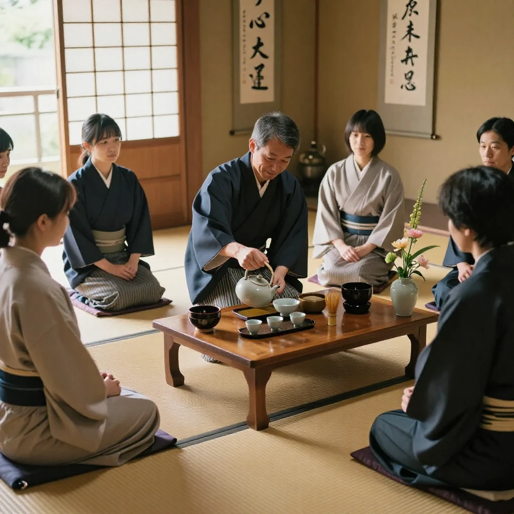 A traditional tea master pours ceremonial tea for guests seated on tatami mats.