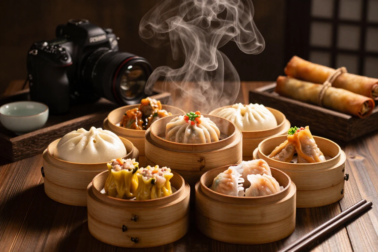 A platter of dim sum in bamboo steamers releasing curls of fragrant steam