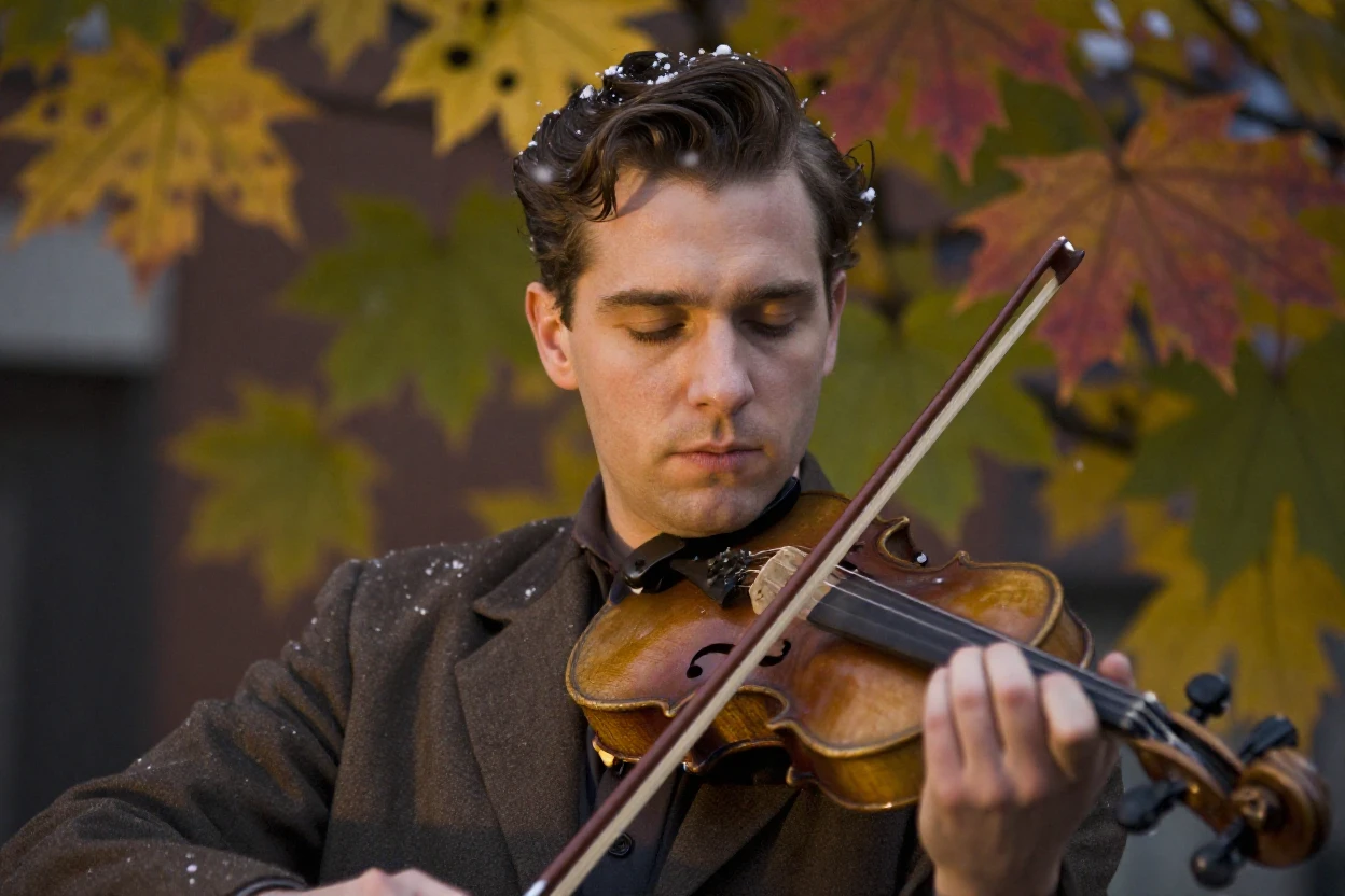 A street violinist with closed eyes lost in his own melody, in low lamplight, amid gently falling snow, as autumn leaves turn gold and red, with deep emerald greens and browns, in a tight close-up.