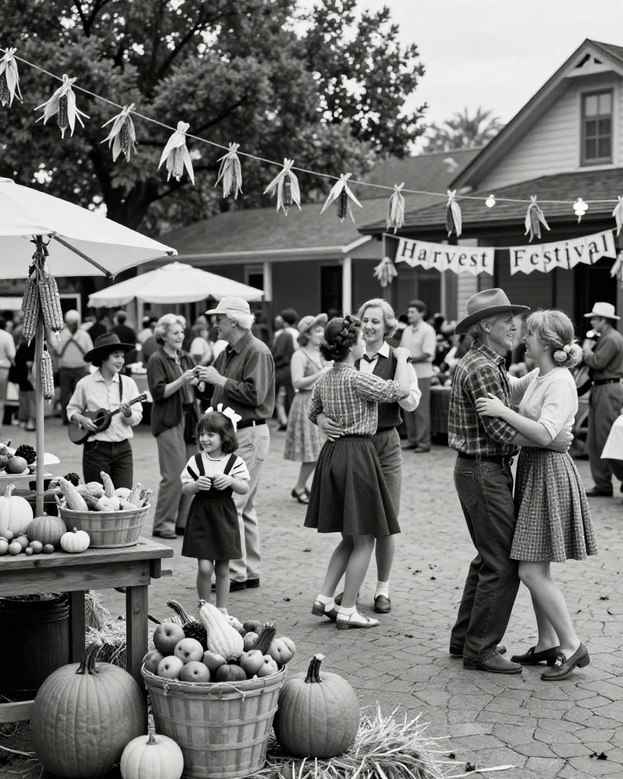 A group celebrating a harvest festival gathers to celebrate the season in a decorated town square.