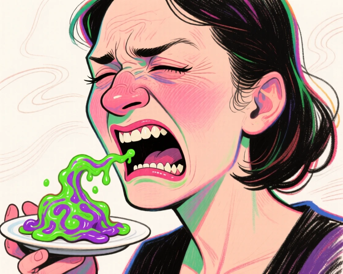 A woman making an exaggerated disgusted face while trying a bizarre new food.