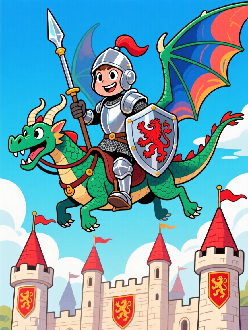 An imaginative fantasy scene of a brave knight in shining armor riding a majestic dragon soaring above medieval castle towers.