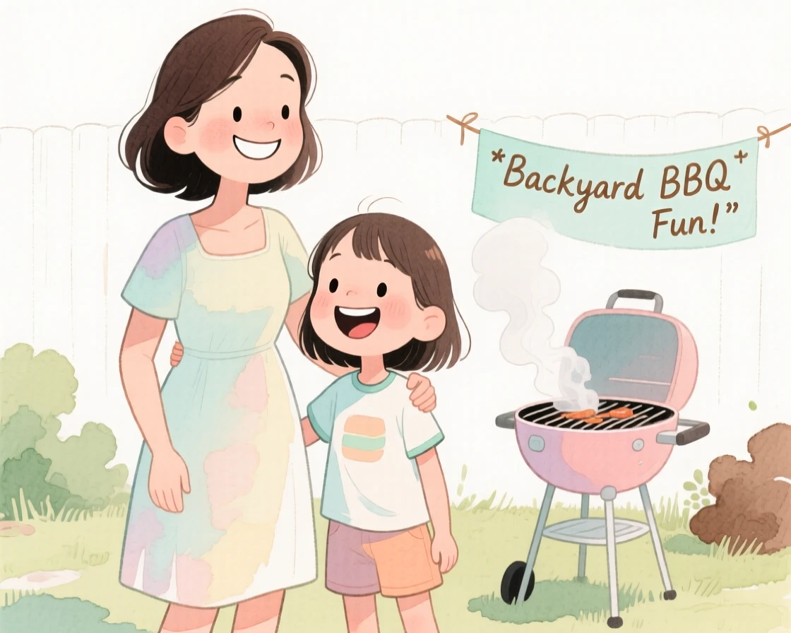 A mother and daughter posing together at a backyard barbecue