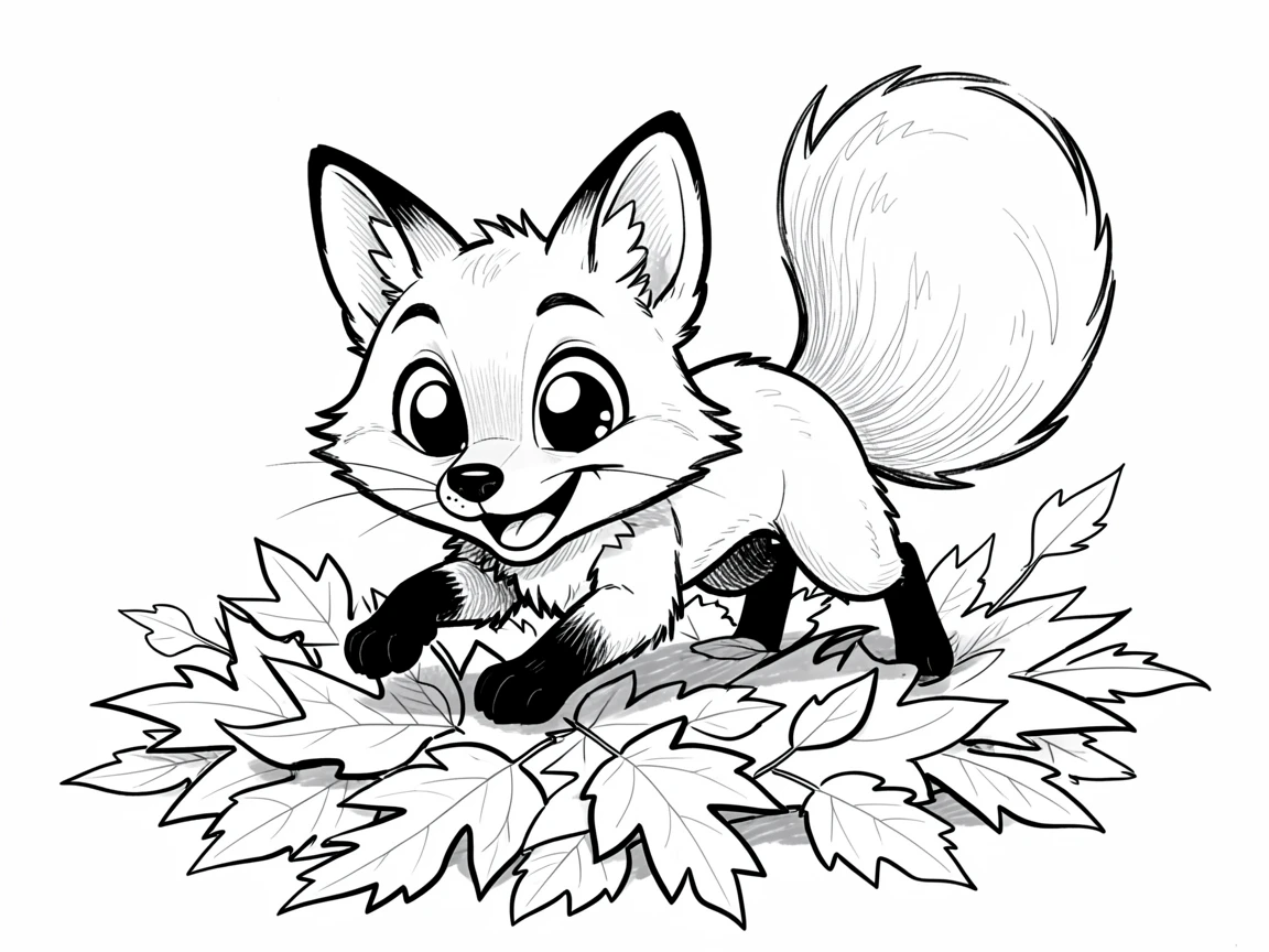 [Cute Animals & Pets] Adorable scene of a playful baby fox pouncing on a pile of autumn leaves, bursting with charm and playful energy