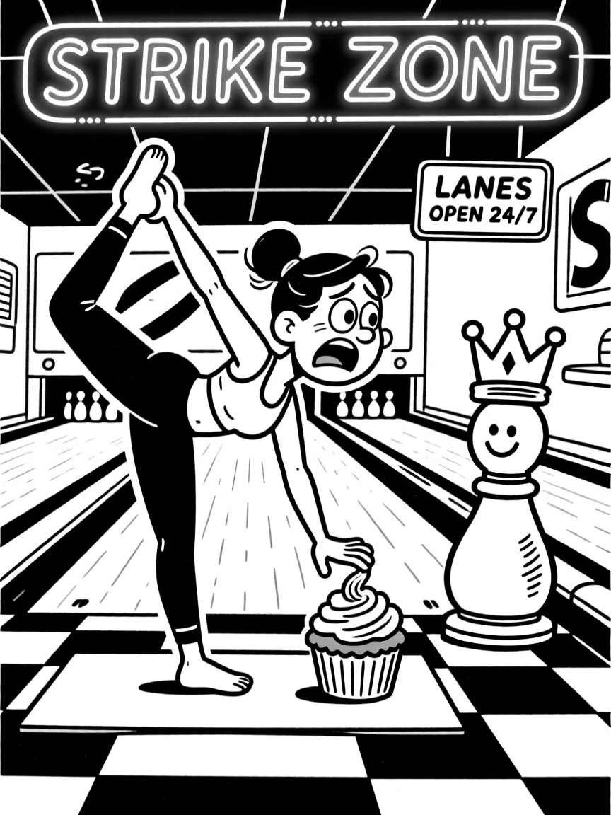 A yoga enthusiast wobbling in an impossible pose, adding one final delicate swirl of frosting, set at a retro bowling alley with neon lights. A captured chess piece sits triumphantly to the side. The image is a playful ode to hobbies people truly love.