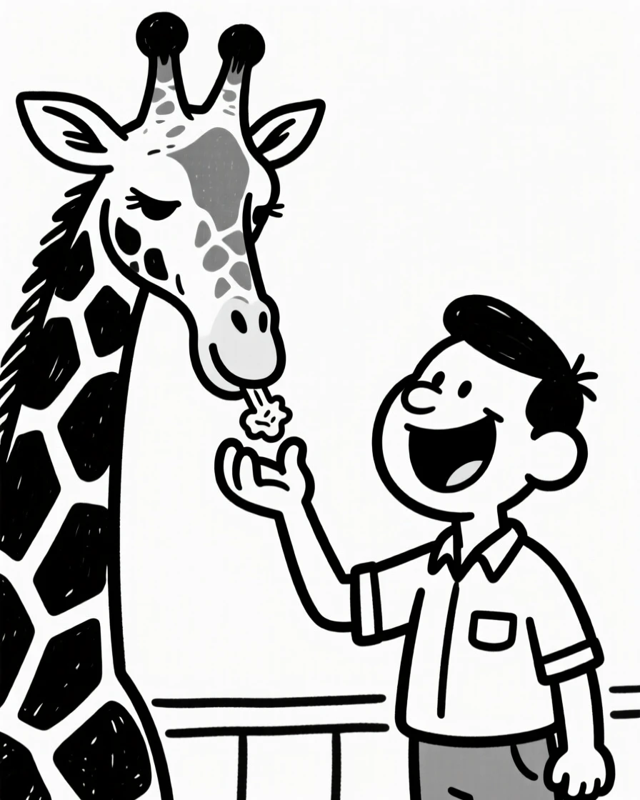 A zookeeper feeding a giraffe by hand, laughing as it takes the food gently.