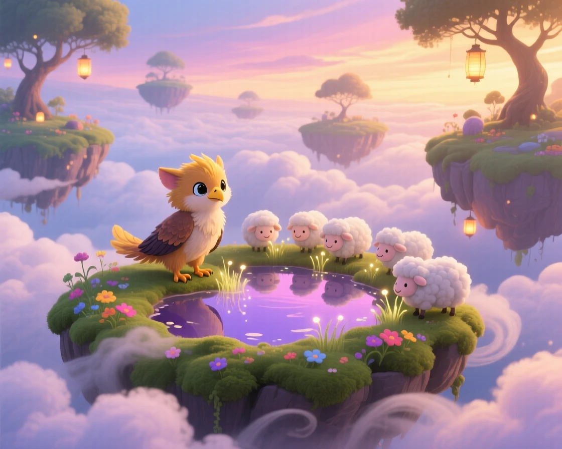 Deep within a floating island in the clouds, a griffin cub spends the evening feeding a flock of tiny cloud sheep, as reflections shimmer on the still water.