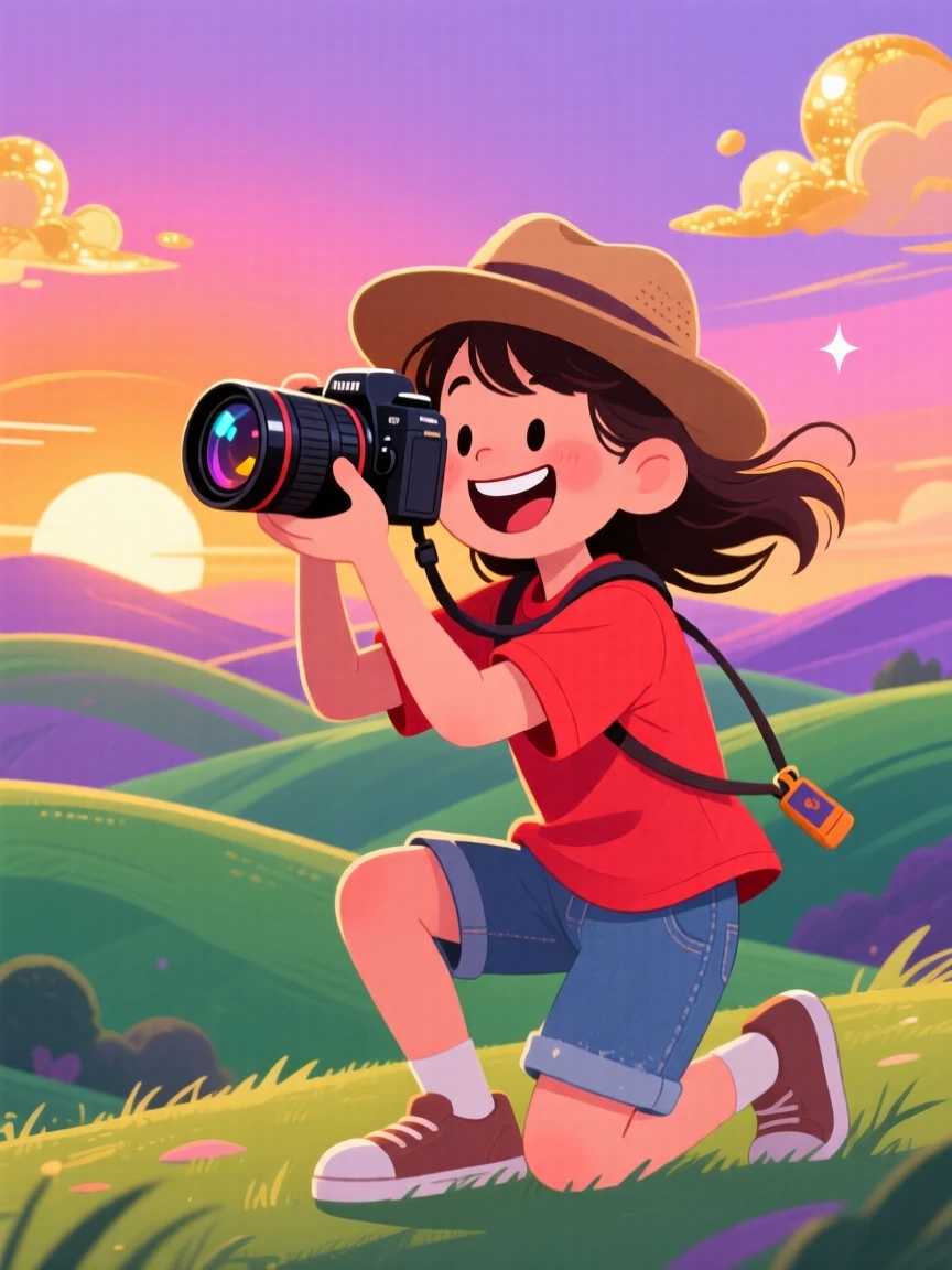 A photographer capturing a sunset over rolling hills.