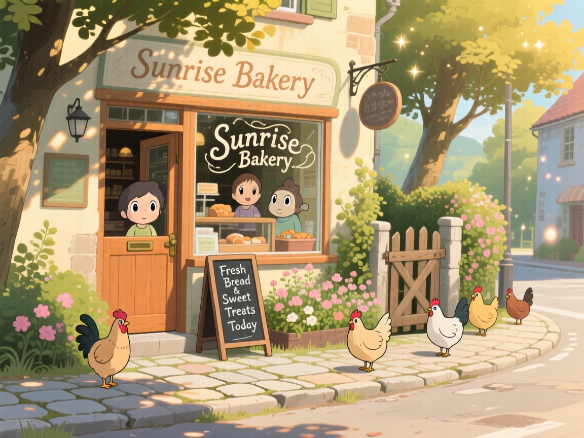 A bakery on a quiet corner with its door propped open, with chickens wandering freely near a garden gate, under a warm afternoon sun.