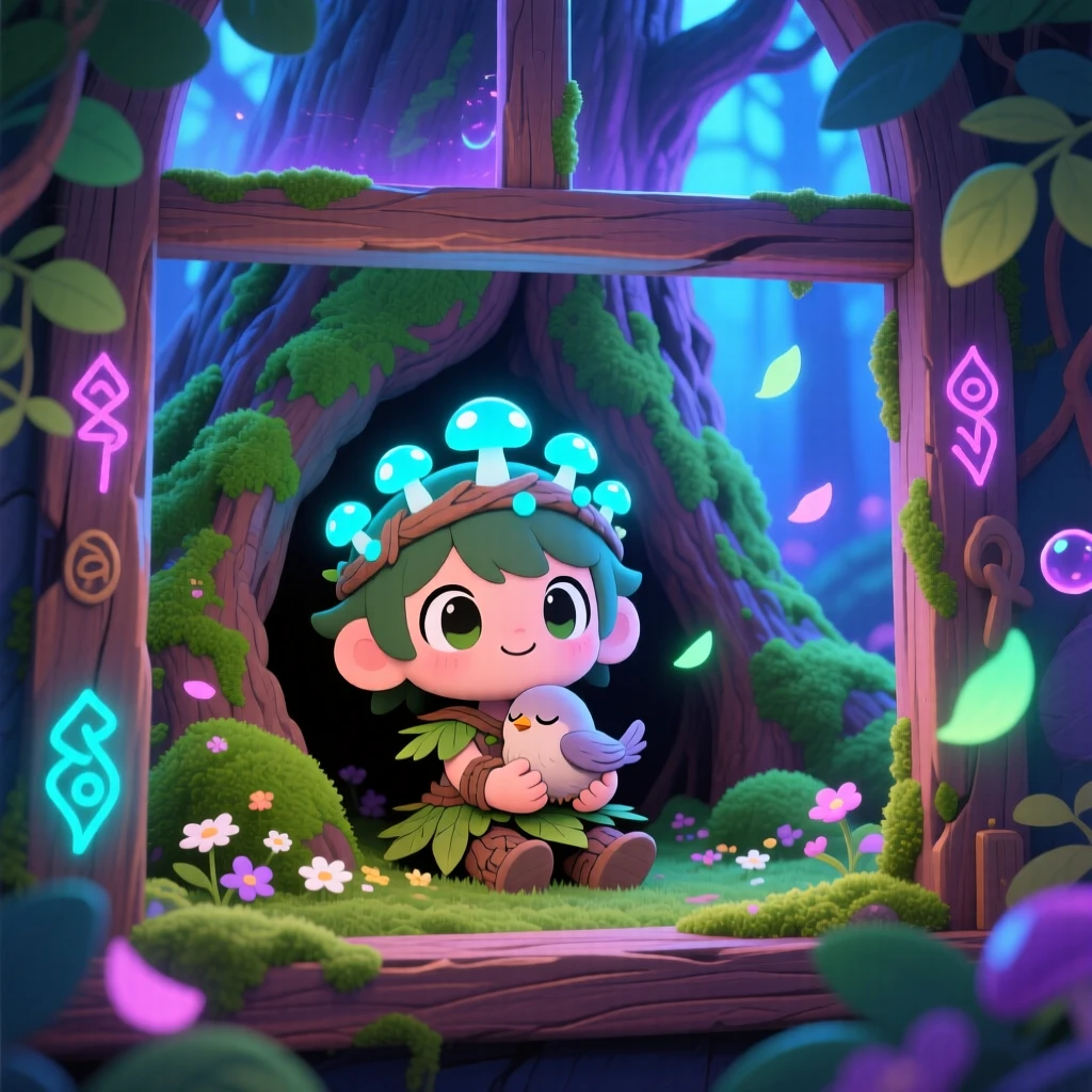 Framed through a window of a moss-covered forest guardian, cradling a sleeping baby bird, in an ancient mossy tree hollow, during a light summer breeze, illuminated by neon-lit glow, radiating bubbly enthusiasm.