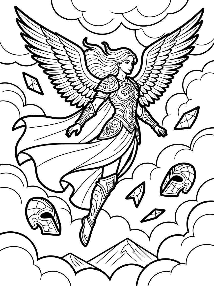 A valkyrie descending from storm clouds, with shards of broken armor scattered nearby.