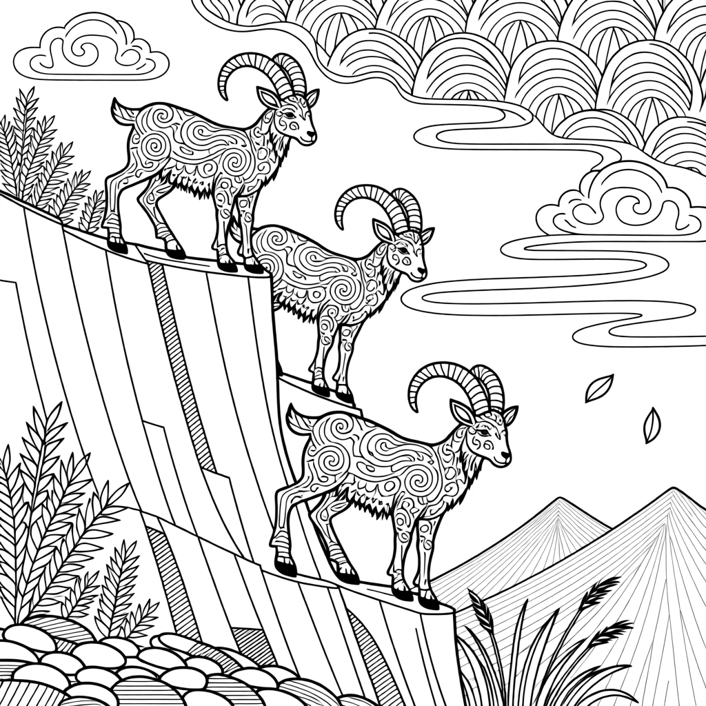 A herd of wild goats scaling a near-vertical cliff face.