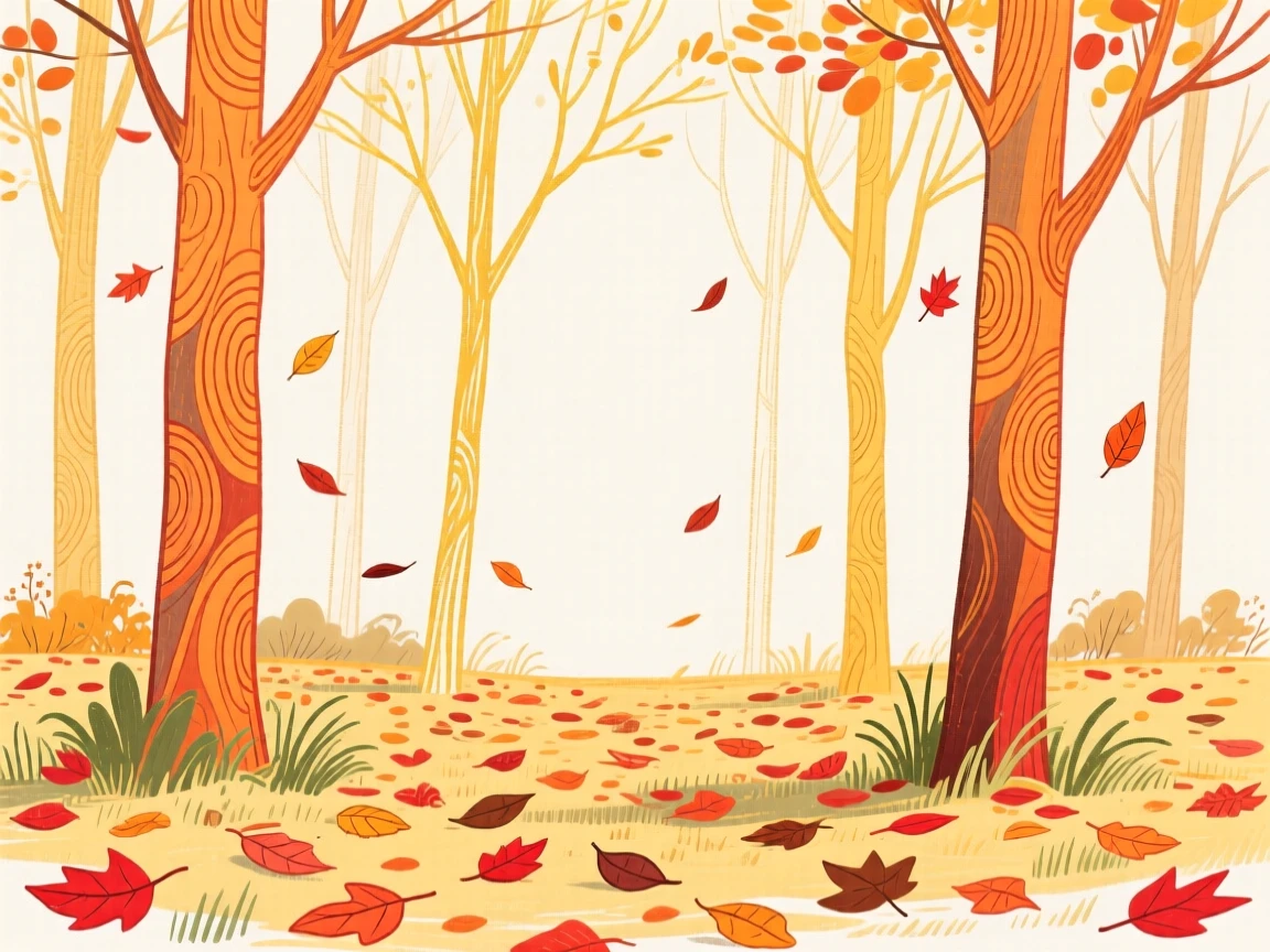 A golden autumn forest with a carpet of fallen leaves.