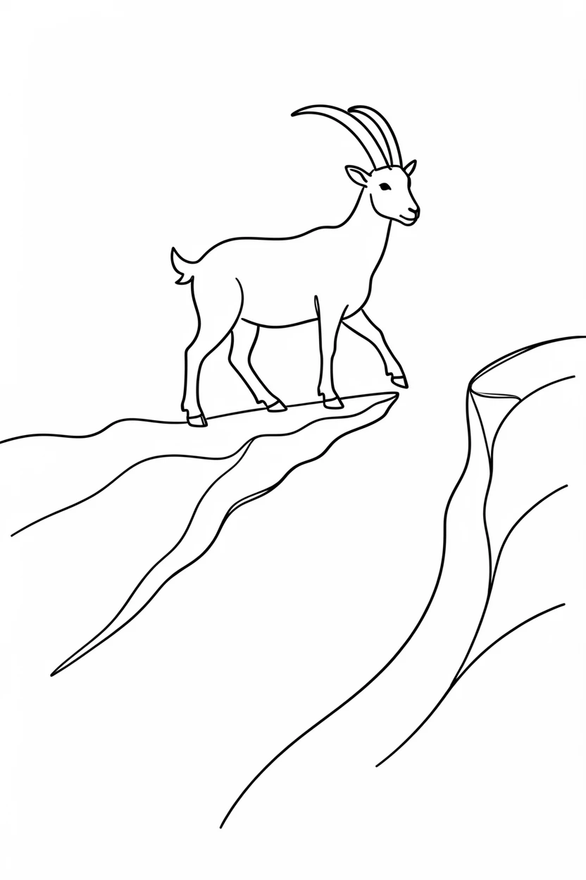 A mountain goat balancing on a narrow rocky ledge high above a canyon