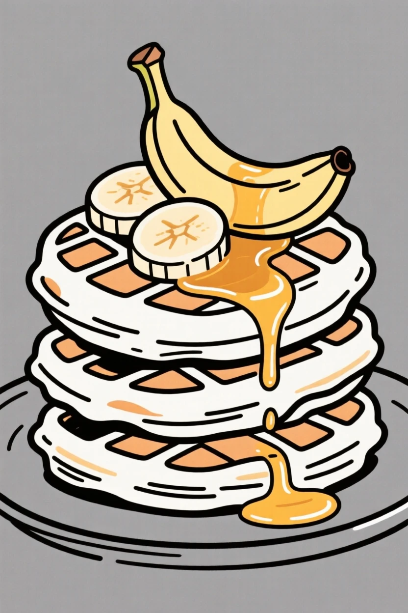 A stack of waffles topped with sliced bananas and honey.