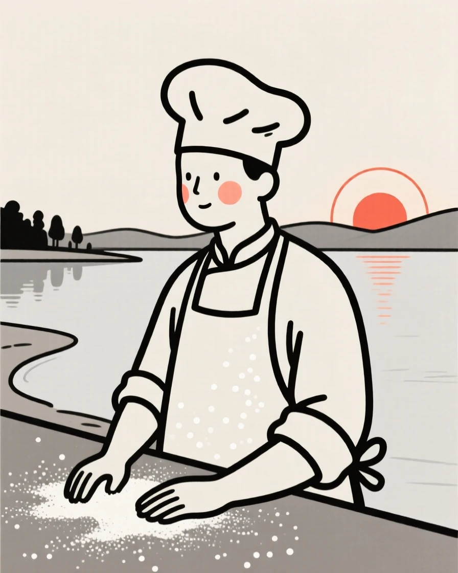 A baker of italian heritage dusted with flour, resting in calm stillness, beside a calm lake at sunrise.