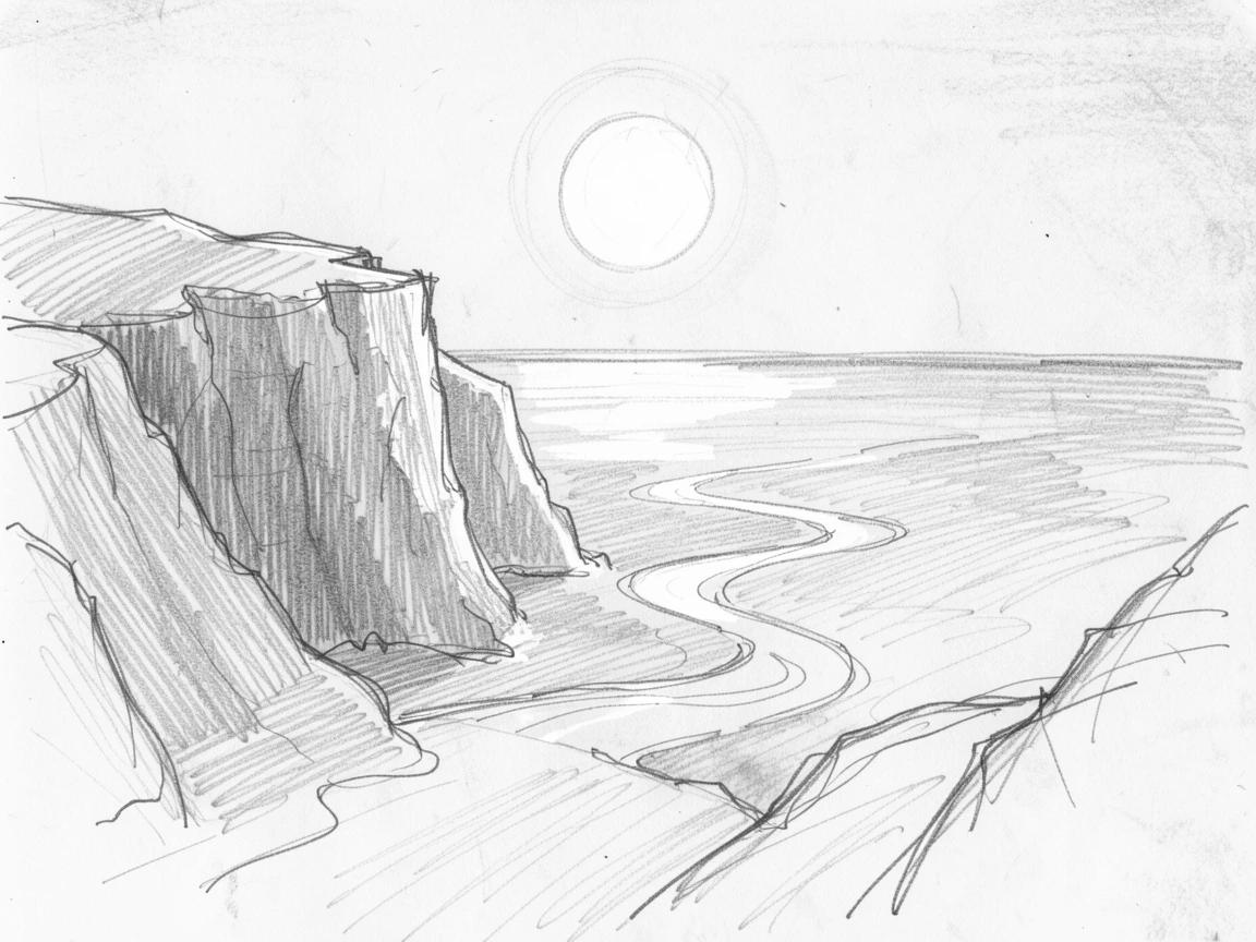 Sweeping landscape of a dramatic sea cliff illuminated by a brilliant full moon, with a winding river cutting through the scene.