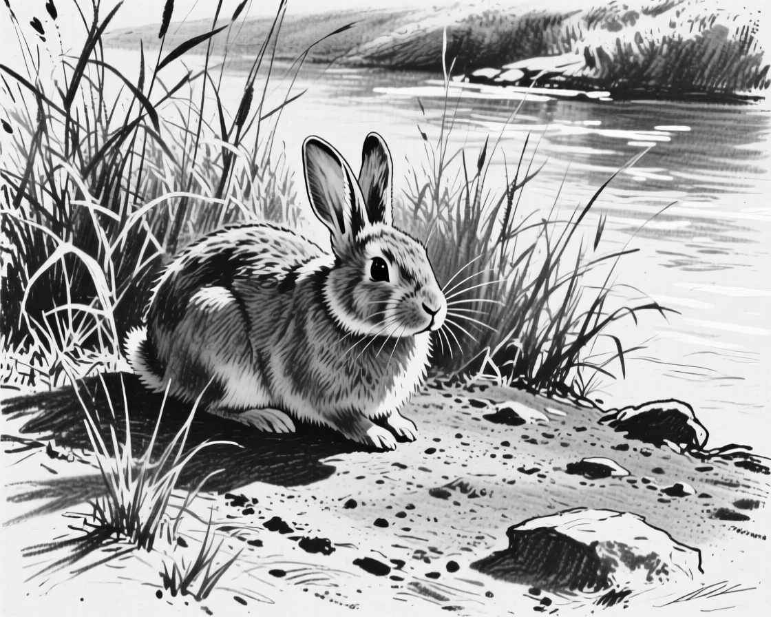 A rabbit in tall grass basking in the warm sun on a riverbank.