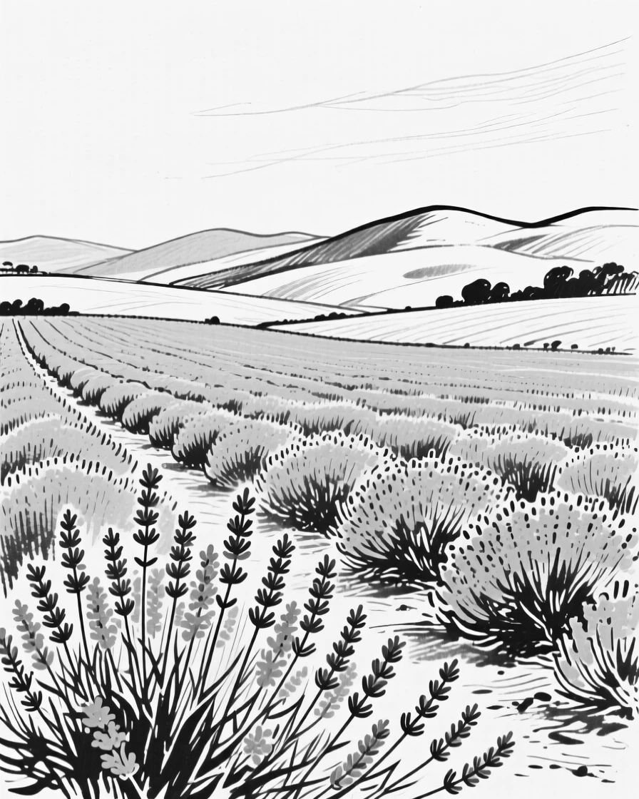 A field of lavender stretching toward distant rolling hills.