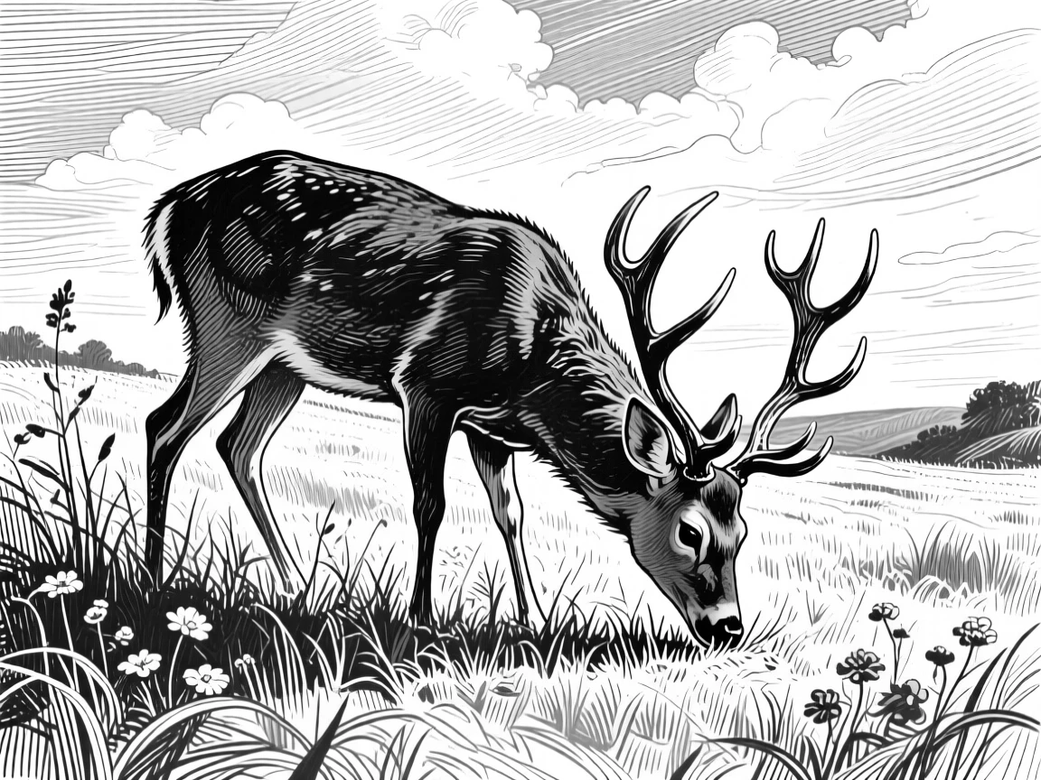 A grazing deer in a sunlit meadow, caught in a moment of quiet stillness, capturing a mysterious and alert moment in nature with a strong, centered focal point.