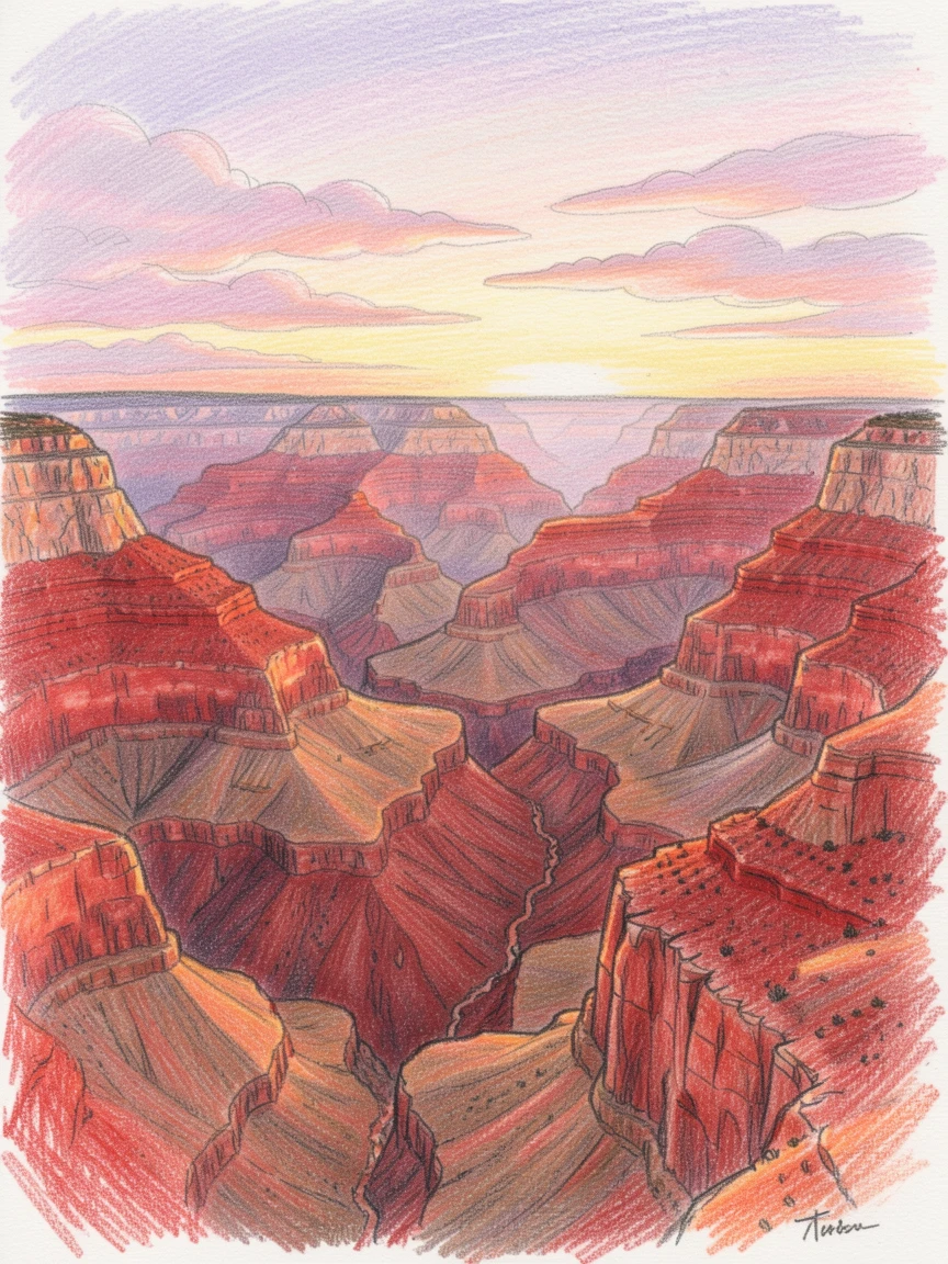 The Grand Canyon glowing red and orange at sunset, with soft clouds drifting across a colorful sky, capturing the timeless charm of a beloved destination.