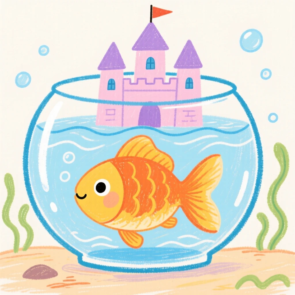 A goldfish swimming lazily around a castle inside a glass bowl.